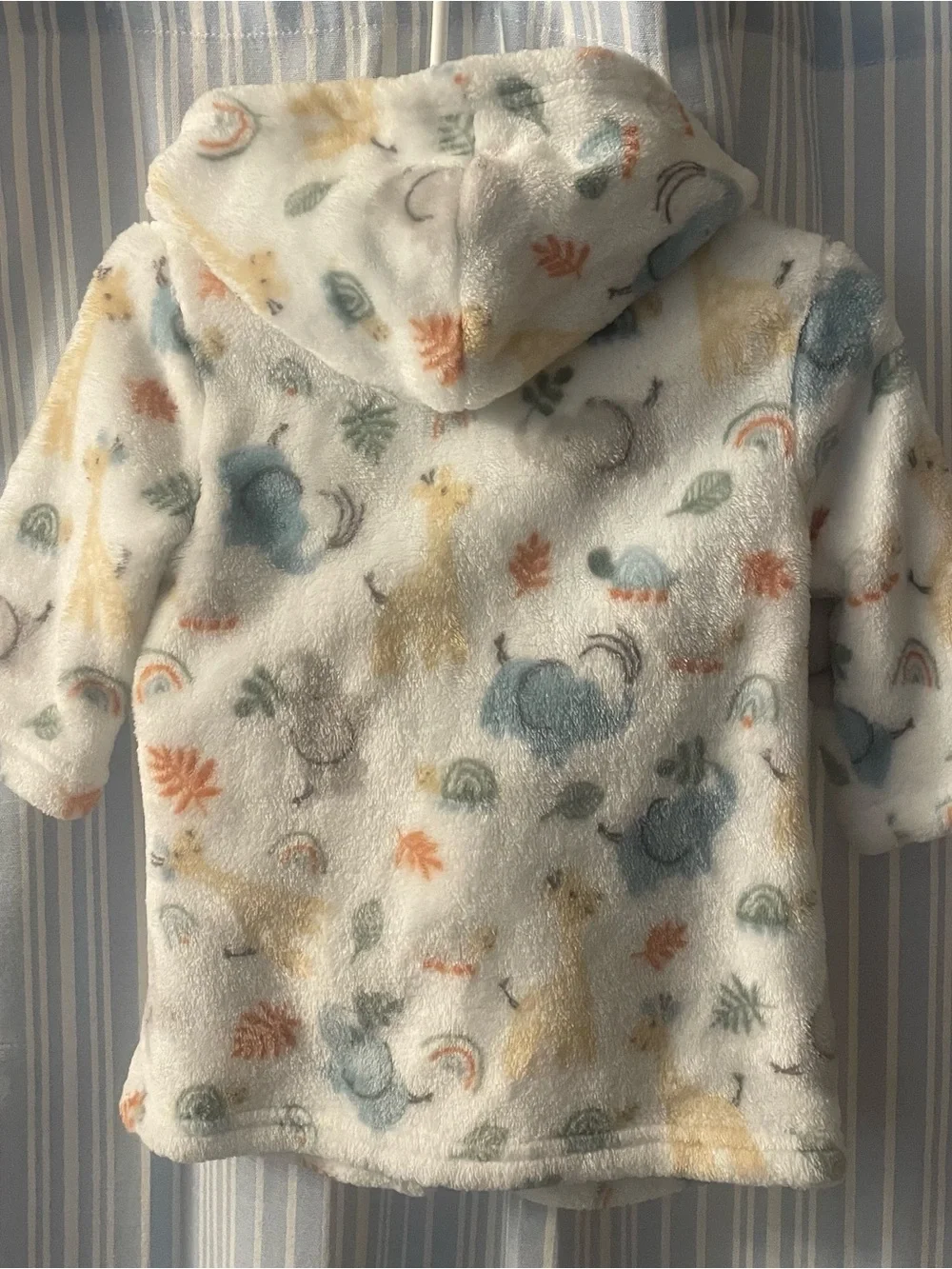 Plush White Hooded Baby Robe with Pastel Animal Print
